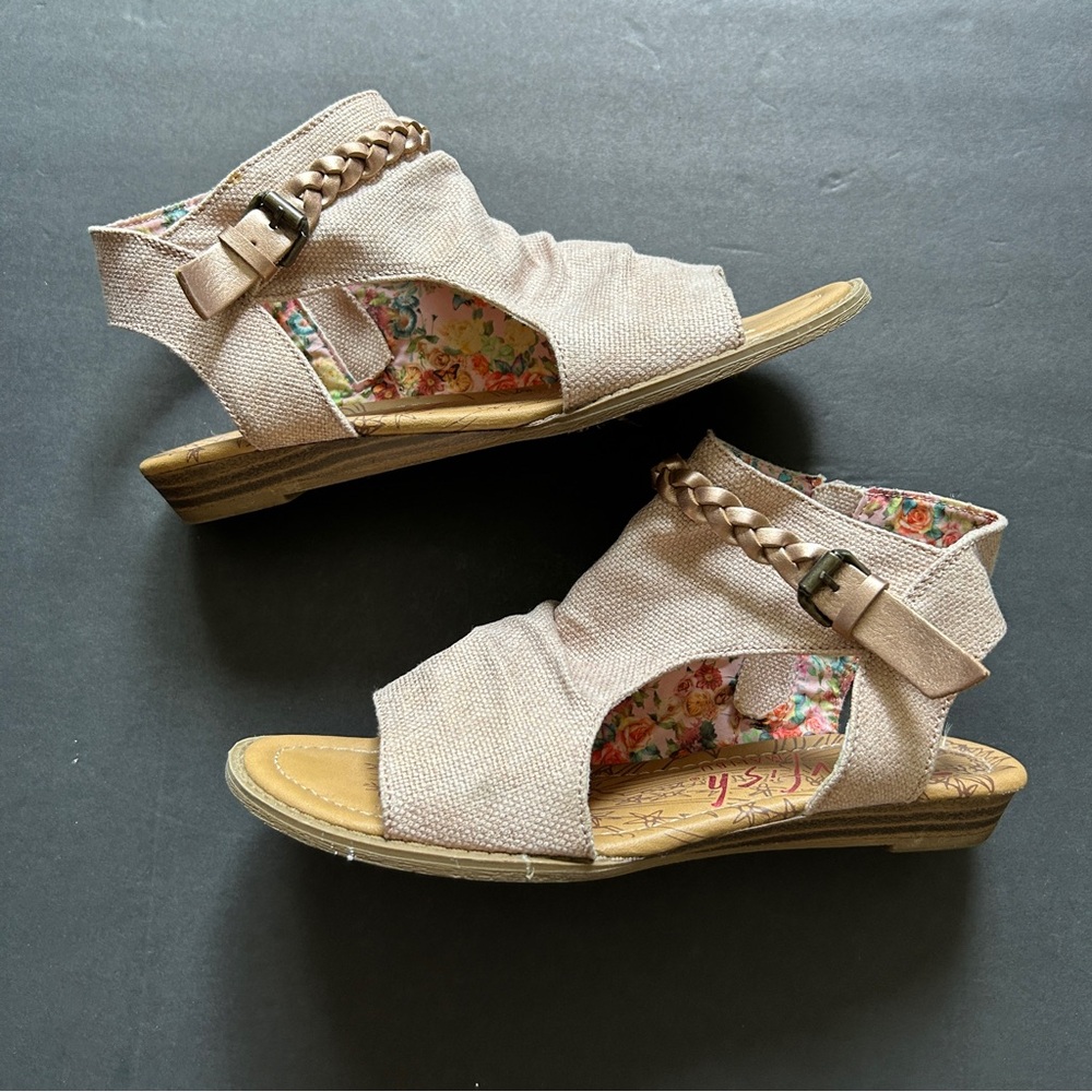 Blowfish Malibu Sandals in Pink Shimmer‎ Canvas Rose Gold Braid Floral Lining